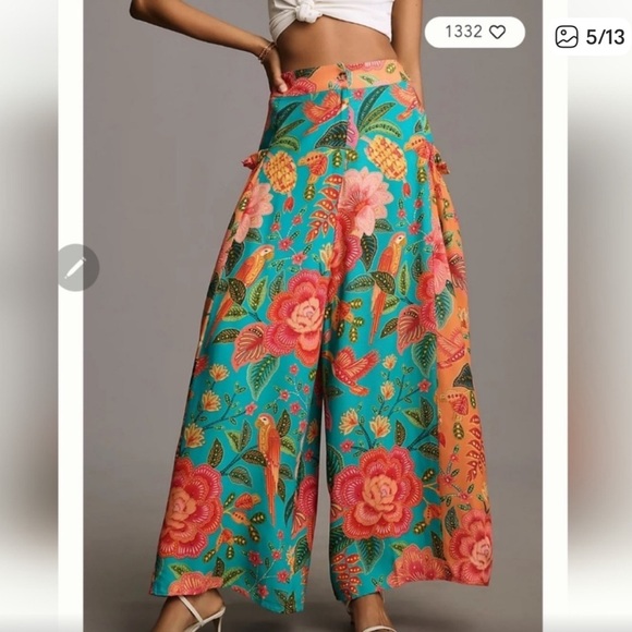 FARM Rio Pants - FARM Rio Tropical Floral Wide-Leg Pants - Teal and Orange
